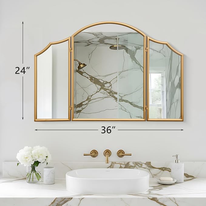Besdomus Gold Scalloped Vanity Mirror: 36"x24" Large Modern Three Sided Dresser - Image 4
