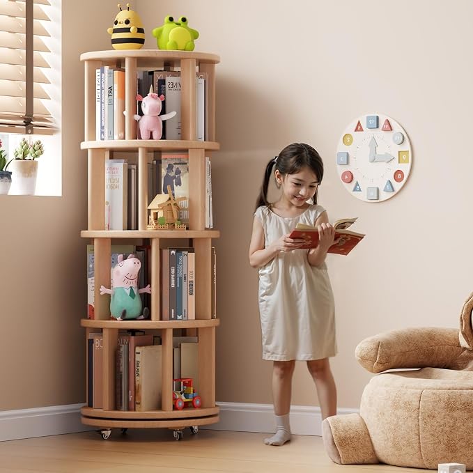 Muwuele Solid Wood Rotating Bookshelf on Wheels, 4 Tier, Round Revolving - Image 3