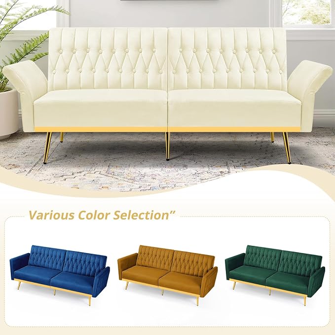 70” Velvet Futon Sofa Bed with 2 Pillows and Adjustable Armrests, Convertible - Image 6