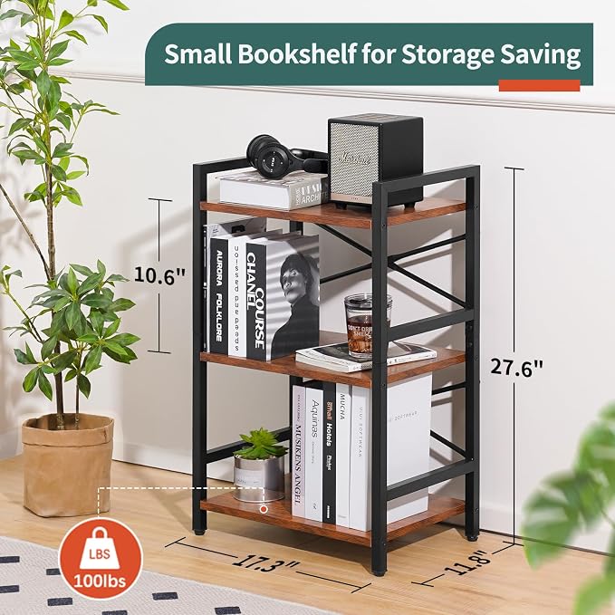 Yoobure Bookshelf Small Book Shelf, Solid Industrial 3 Tier Shelf Bookcase - Image 3