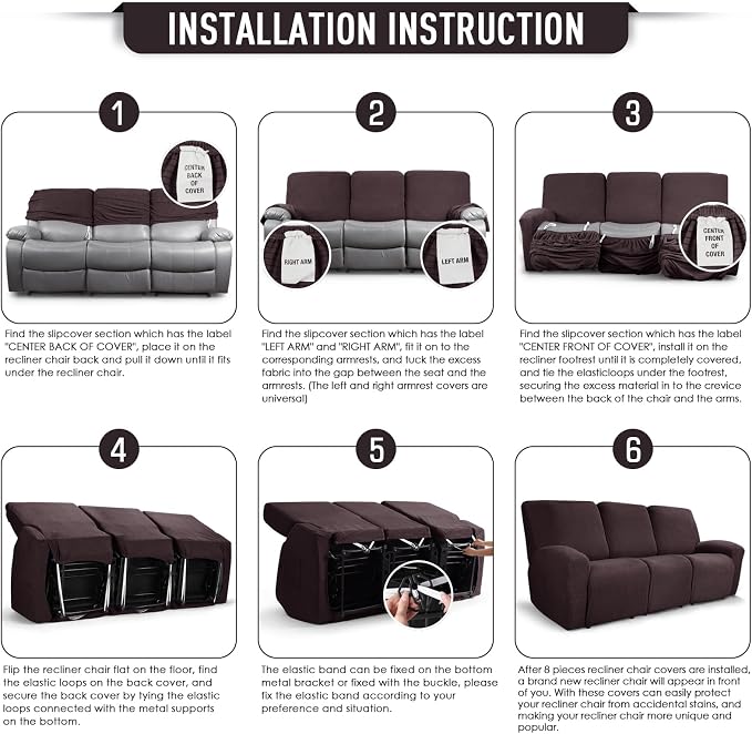 TAOCOCO Recliner Couch Covers for 3 Seat, 8-Pieces Stretch Large Couch Covers - Image 6