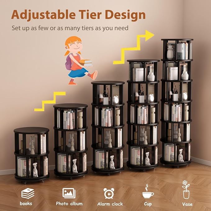 Muwuele Solid Wood Rotating Bookshelf on Wheels, 6 Tier, Round Revolving - Image 7