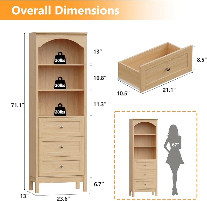 Bookshelf with Drawers, Floor Standing Display Storage Cabinet - Image 2