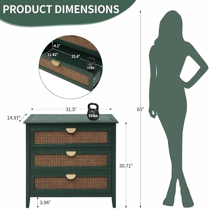 31.5" Retro Green Accent Storage Cabinets, Boho 3-Drawer Cabinets - Image 2