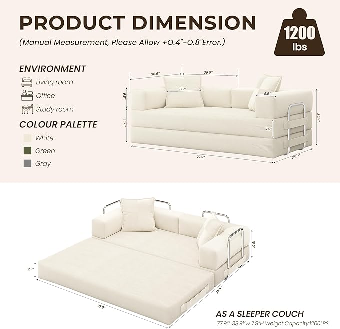 GRUSIGN 78 Inch Convertible Sofa Bed, 5-in-1 Futon Sofa Bed Pull Out Couch - Image 3