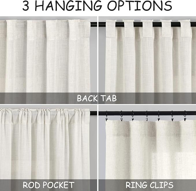 Cream Linen Curtains 63 Inch for Bedroom Natural Semi Sheer Light Filtering - Image 2