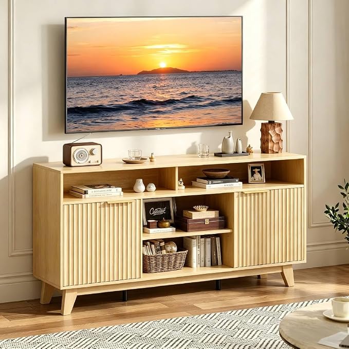 VINGLI Boho Fluted TV Stand for 70 Inch TV, Tall Wooden TV Console - Image 7