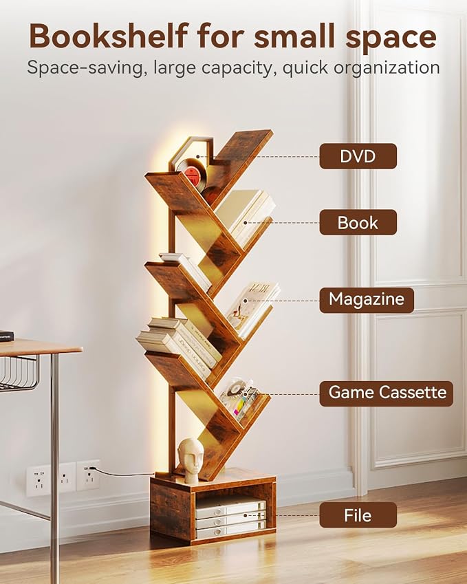 Casaottima Tree Bookshelf with LED Lights, 6-Tier Narrow Bookcase - Image 4