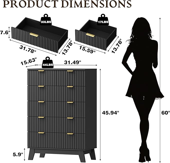 BORNOON 46" Tall Dresser for Bedroom, 6-Drawer Fluted Chest of Drawers - Image 2