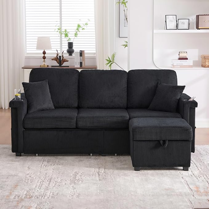 L-Shaped Sectional Sofa with Storage & Movable Ottoman, Corduroy 3 Seater - Image 3
