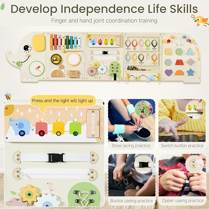 Elephant Activity Wall Busy Board Panels, Wooden Montessori Learning Activity - Image 6
