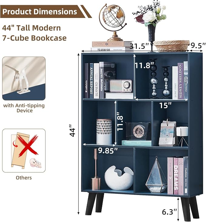 LEYAOYAO Cube Bookshelf 3 Tier Mid-Century Rustic Dark Blue Modern Bookcase - Image 2