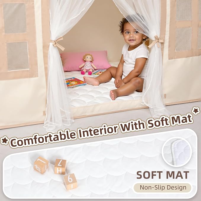Kids Play Tent Indoor: with Mat, Tassel Garland, Star Lights - Image 5