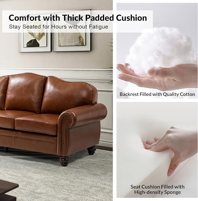 81" Genuine Leather Sofa, Classic 3-Seater Couchs - Image 5