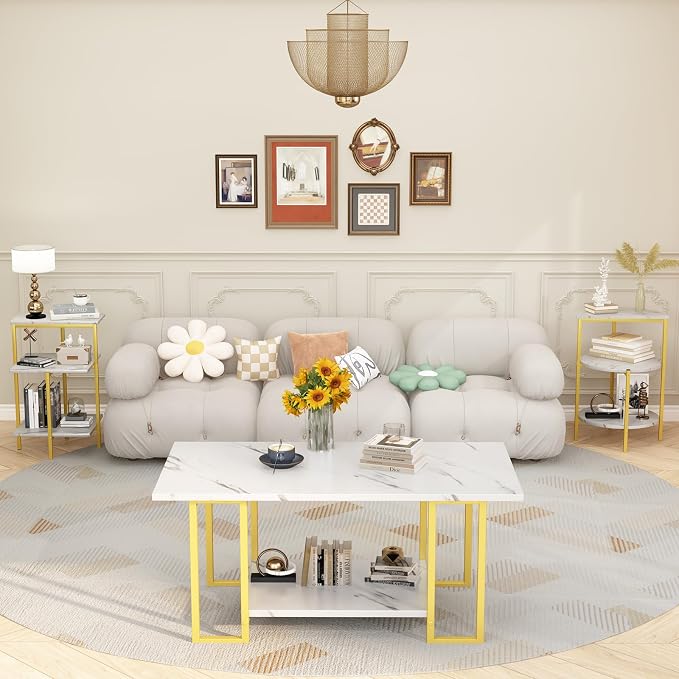 AWQM Faux Marble Table Set, Coffee Table & 2 Side Table, Faux Marble Tabletop - Image 6