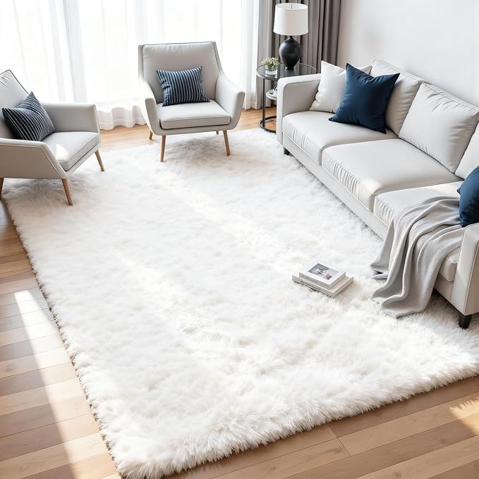 8x10 Fluffy Shag Area Rugs for Living Room Bedroom: Soft Plush Carpet White | by CarpetAddColortoYourLife
