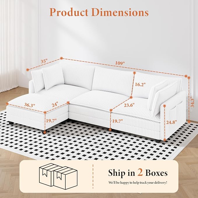 Vesgantti 109" L Shaped Cloud Sectional Couch, Comfy Corduroy Upholstered - Image 2