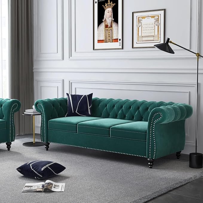 Mid-Century 3 Seater Sofa, Velvet Couch by YUCHIATHSoulFurniture