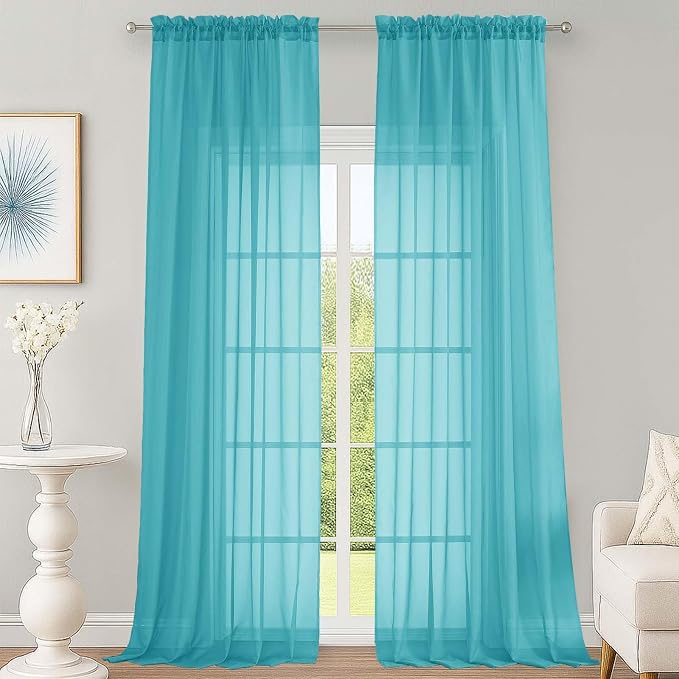 Turquoise Sheer Curtains 120 Inches Long 2 Panels Set, Airy Lightweight Sheer by OWENIE