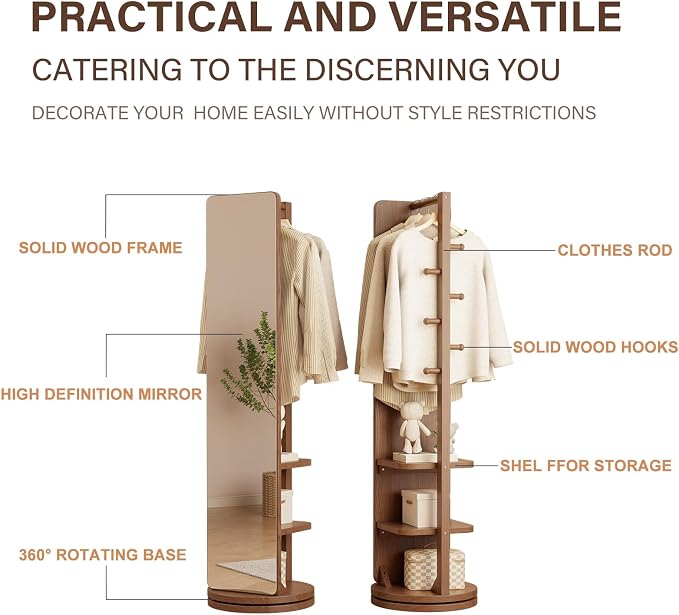 WoodsWhisper Full Length Mirror Coat Rack Solid Wood Floor Mirror 66"x12" Full - Image 7