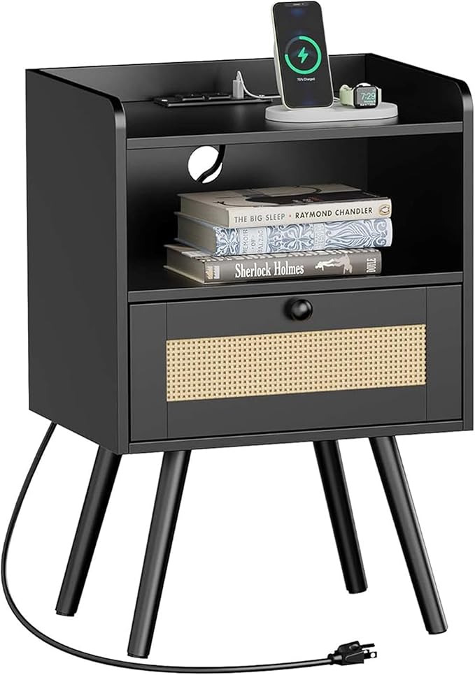 SUPERJARE Nightstand with Charging Station & Rattan-Like Decor Drawer, Rattan by SUPERJARE