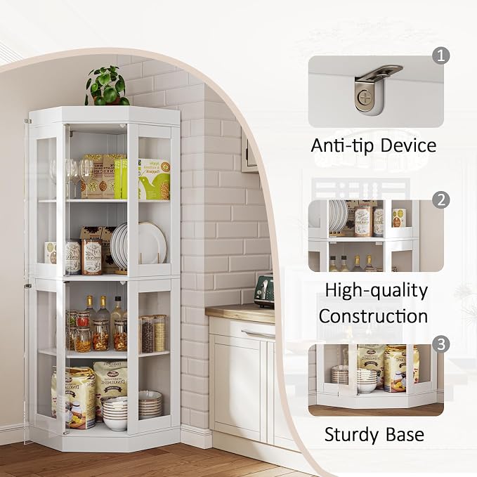 70''H Tall Corner Cabinet with Glass Doors, Farmhouse Storage Cabinet with 4 - Image 3