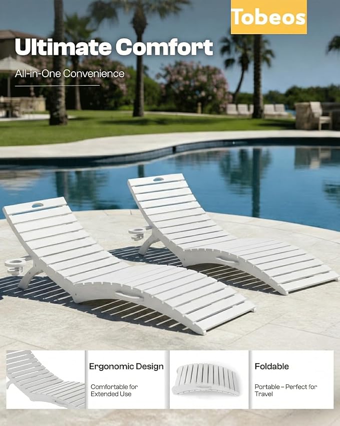 Folding HDPE Pool Lounge Chairs Set of 4, Pre-Assembled Outdoor Chaise Lounge - Image 4