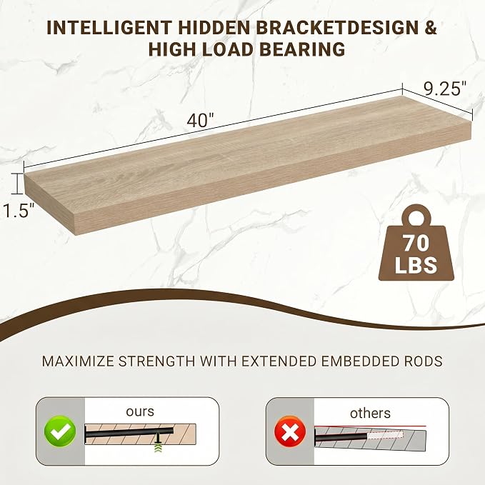 Acovy 40 Inch Floating Shelves, 3D Textured Wood Grain, Wooden Shelves - Image 3