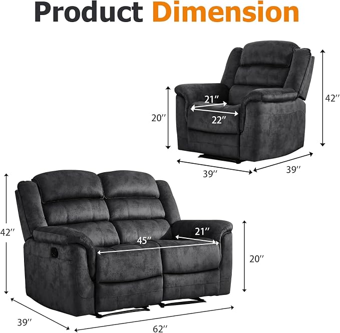 EBELLO 2 Pieces Reclining Loveseat Couch Furniture Set, Soft Fabric Manual - Image 2