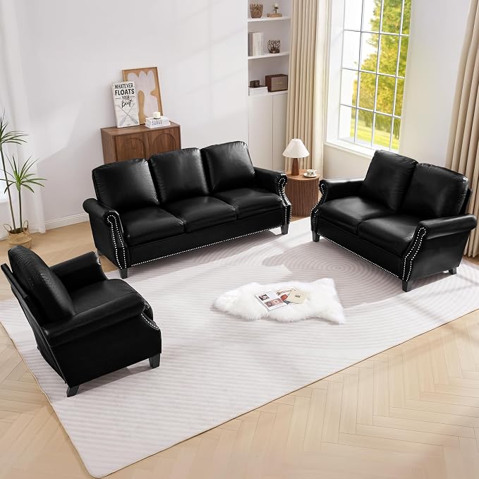 LEVNARY Compact PU Leather Sofa Set 3 Piece, Small Space Couch Set - Image 6