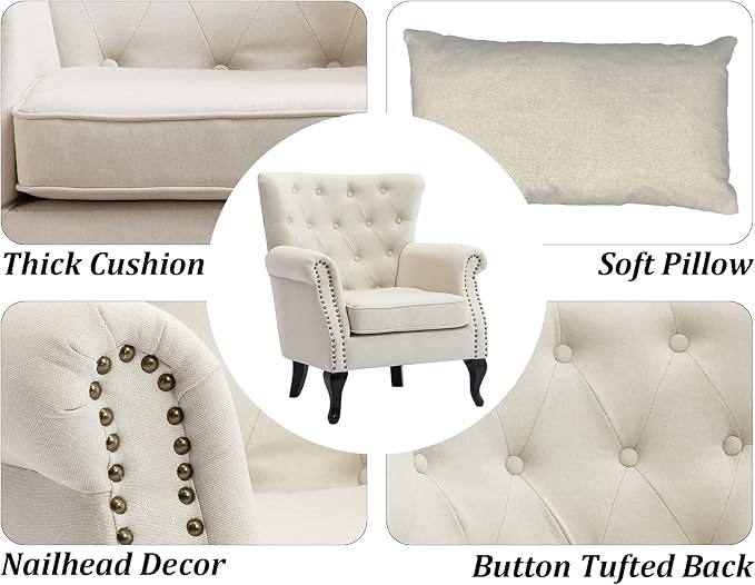Set of 2 Mid-Century Modern Accent Chair, Linen Fabric Armchair w/Tufted - Image 7