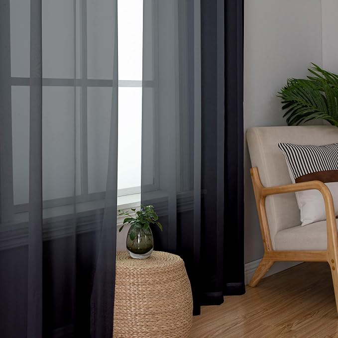 Black Sheer Curtains 90 Inches Long 2 Panels Set, Privacy Voile Light Filtering - Image 2