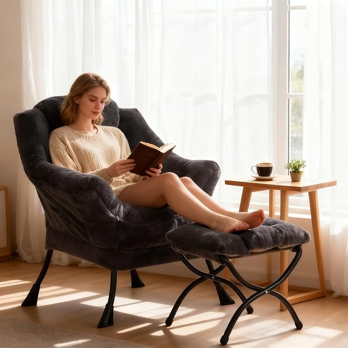 Welnow Lazy Chair with Ottoman, Modern Accent Chair with Armrests and a Side - Image 2