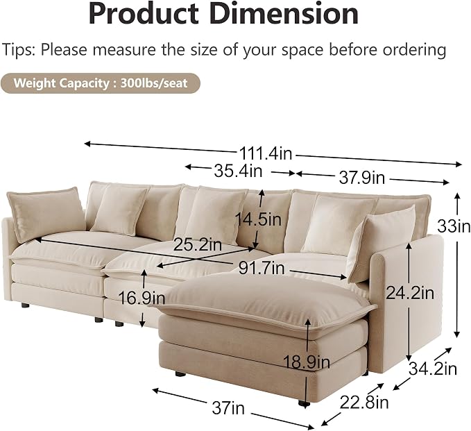 mikibama Modular Sectional Sofa, 111.5 Inch L Shaped Couch Set - Image 2