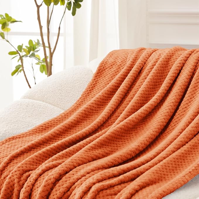Exclusivo Mezcla Soft Waffle Fleece Bed Blanket Queen Size, Burnt Orange | - Image 5