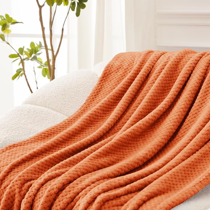 Exclusivo Mezcla Soft Waffle Fleece Bed Blanket Twin Size, Burnt Orange | - Image 5