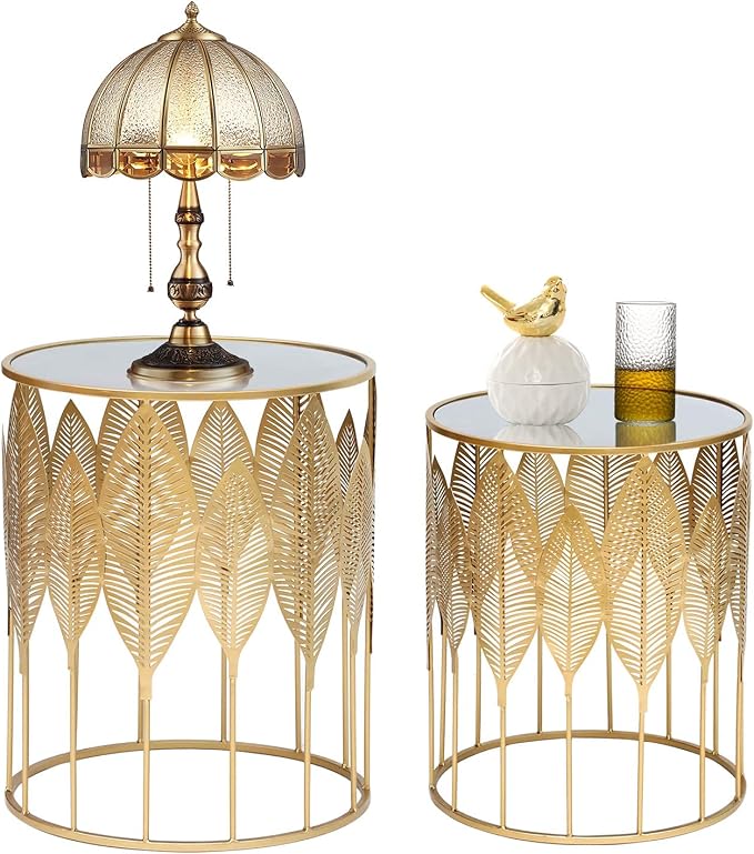 Homebeez Gold Nesting Tables Set of 2, Glam Leaf Design Round End Table - Image 8