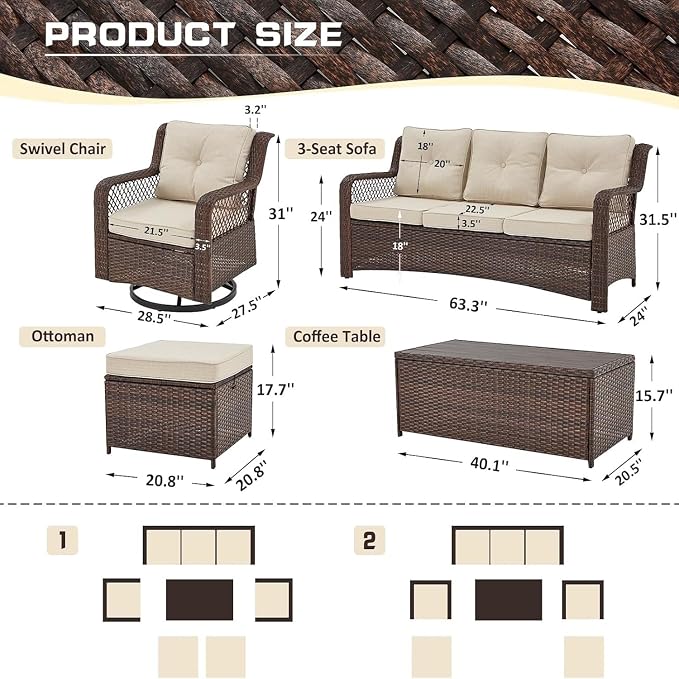 6 Pieces Wicker Patio Furniture Set Conversations Sets, 2 Outdoor 360° Swivel - Image 2