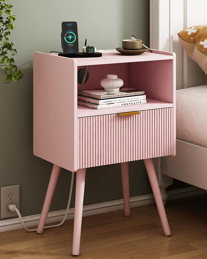 JOONEE Nightstand with Oultlet, Modern Bedside Table with Storage Drawer and by JOONEE