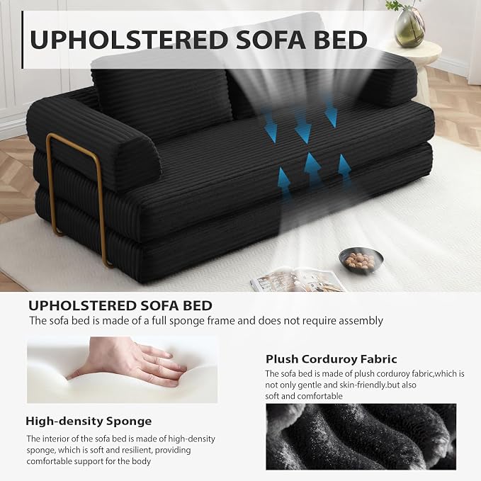 HANXIN 80 Inch Convertible Sleeper Sofa Bed, High Back Plush Corduroy Folding - Image 4