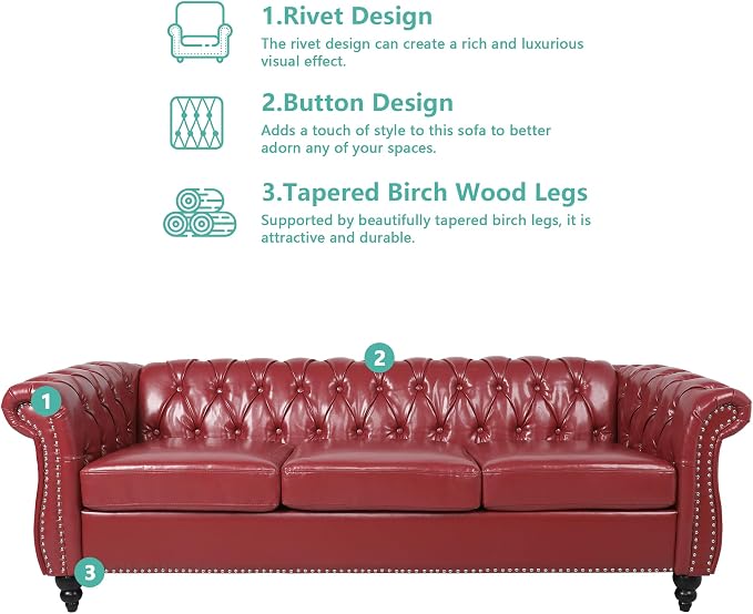 AVZEAR Chesterfield Leather Sofa 3 Seater Couch, Mid-Century Large Sofa Roll - Image 5