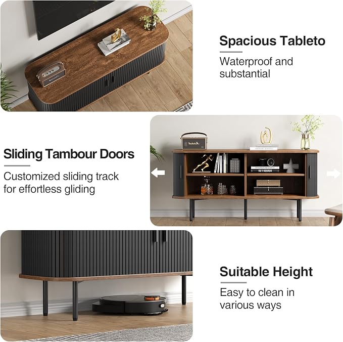 55''W Black Cabinet with Storage, Media Console, Tambour TV Stand, Television - Image 4