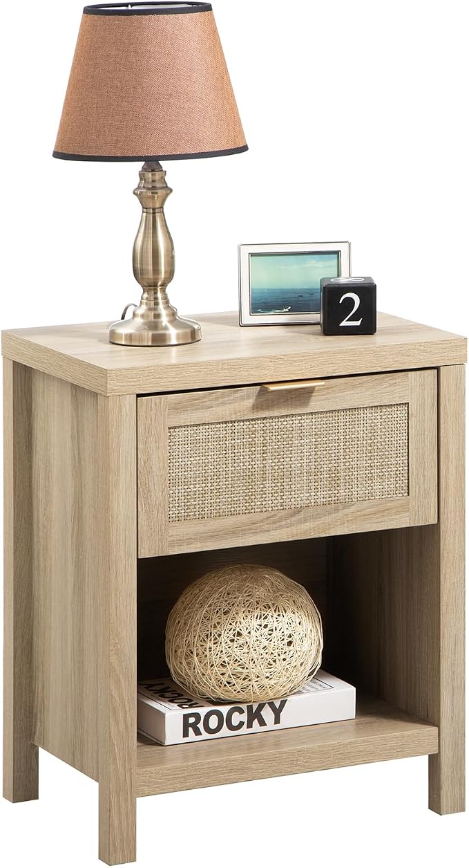 SICOTAS Rattan Night Stands, Farmhouse Nightstand Boho End Side Table Bedside by SICOTAS