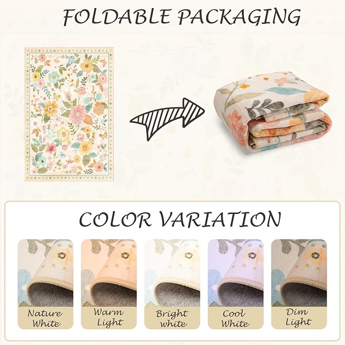 RELEANY Floral Washable 4x6 Area Rugs Beige/White/Orange | Flower Carpet Print - Image 9