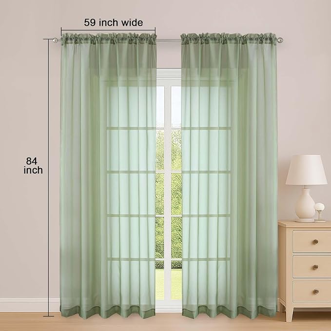 Sheer Curtains 84 Inches Long 2 Panels Set, Sage Green Sheer Curtain - Image 5