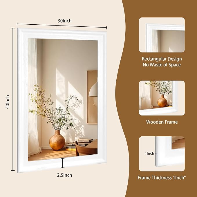 White Wood Mirror for Bathroom, Rectangle Rustic 30 x 40 inch Vanity Mirror for - Image 7