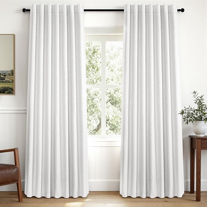 Topfinel Snow White 100% Blackout Linen Bedroom Curtains 90 Inch Length Back - Image 3
