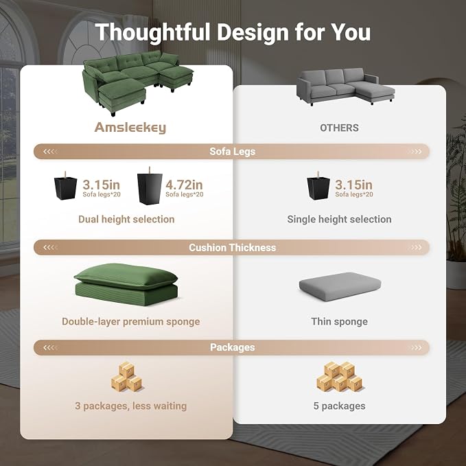 Amsleekey Modular Sectional Sofa, 111.5" U-Shaped Corduroy Comfy Sectional - Image 3