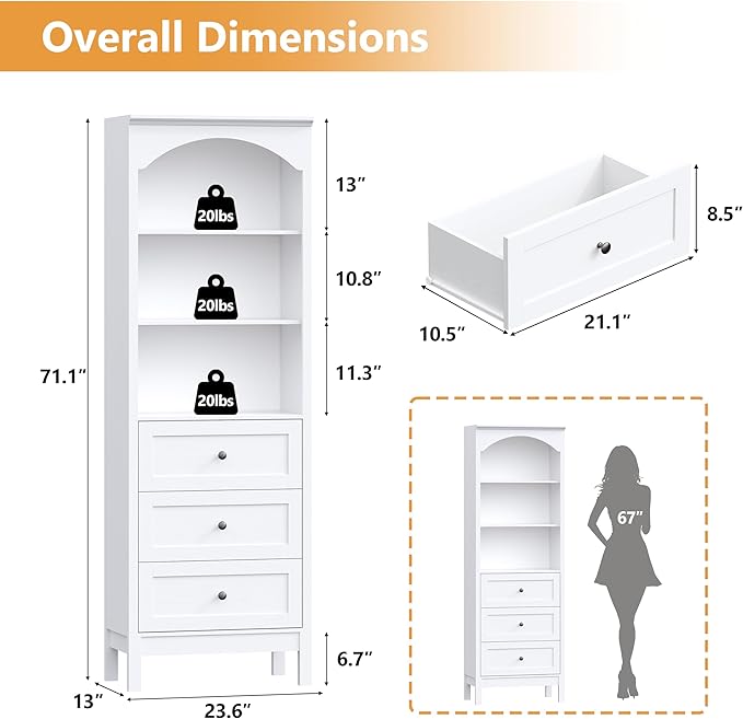 Bookshelf with Drawers, Floor Standing Display Storage Cabinet - Image 2