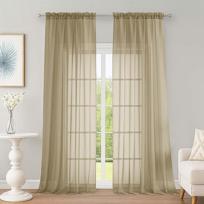 Extra Long Taupe Sheer Curtains 96 Inches Long 2 Panels Set, Soft Lightweight by OWENIE